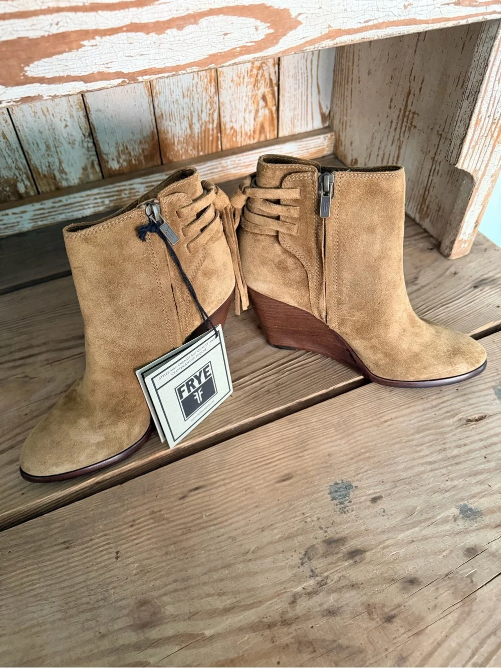Frye Cece Tassel Suede Wedge Ankle Boots in Cognac Size 7.5